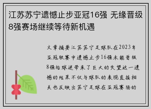 江苏苏宁遗憾止步亚冠16强 无缘晋级8强赛场继续等待新机遇 江苏苏宁遗憾止步亚冠16强 无缘晋级8强赛场继续等待新机遇